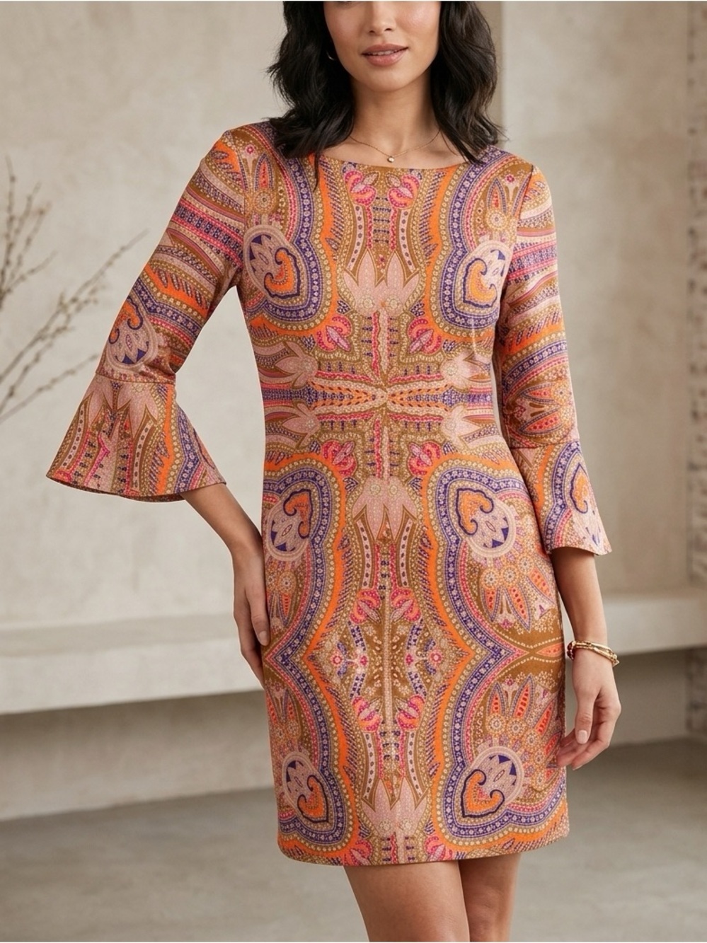 New York & Company Paisley Bell Sleeve Sheath Dress Orange Purple Size S